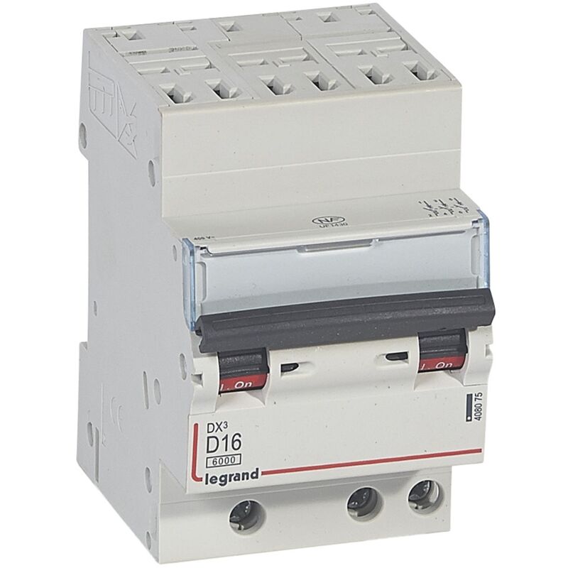 Disjoncteur DX³6000 10kA arrivée haute automatique départ bas à vis 3 Pôles 400V 16A courbe d Legrand 408075