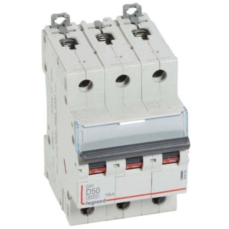 Disjoncteur DX³6000 10kA arrivée haute et départ bas à vis 3 Pôles 400V 50A courbe d Legrand 408064