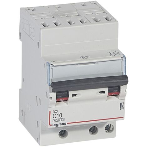 Disjoncteur DX³6000 10kA arrivée haute automatique départ bas à vis 3 Pôles 400V 10A courbe C LEGRAND 407844