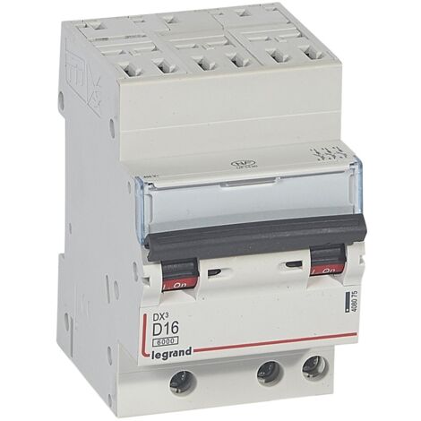 Disjoncteur DX³6000 10kA arrivée haute automatique départ bas à vis 3 Pôles 400V 16A courbe D LEGRAND 408075