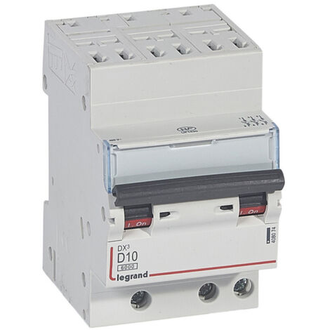 Disjoncteur DX6000 10kA arrivée haute automatique départ bas à vis 3P 400V 10A courbe D pour peigne HX optimisé (408074)