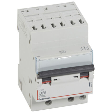 Disjoncteur DX6000 10kA arrivée haute automatique départ bas à vis 3P 400V 25A courbe D pour peigne HX optimisé (408077)