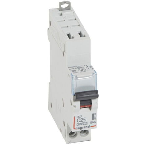 Disjoncteur DX6000 10kA arrivée haute automatique et départ bas à vis U+N 230V 25A courbe C 1 module (407716)