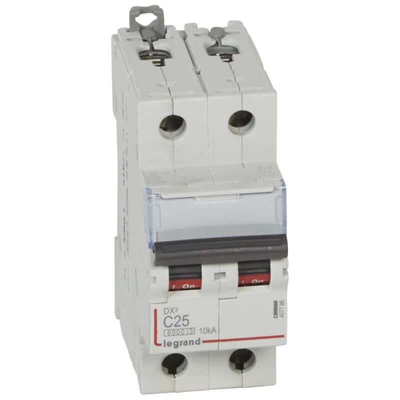 Disjoncteur DX³6000 10kA arrivée haute et départ bas à vis 2P 230V à 400V - 25A - courbe c - 2 modules - 407786 Legrand