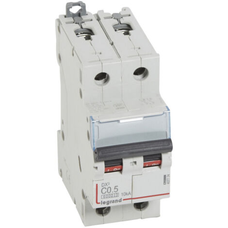 Disjoncteur DX6000 10kA arrivée haute et départ bas à vis 2P 230V à 400V 0,5A courbe C 2 modules (407774)