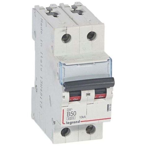 Disjoncteur DX³6000 10kA arrivée haute et départ bas à vis 2P 230V à 400V - 50A - courbe B - 2 modules - LEGRAND