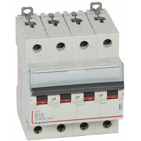 Disjoncteur DX³6000 10kA arrivée haute et départ bas à vis 4 Pôles 400V 16A courbe B 4 modules LEGRAND 407595