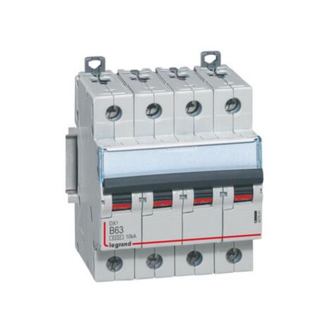 Disjoncteur DX³6000 10kA arrivée haute et départ bas à vis 4 Pôles 400V 63A courbe B 4 modules LEGRAND 407601