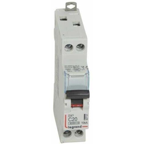 Disjoncteur DX³6000 10kA arrivée haute et départ bas à vis U+N 230V 20A courbe C 1 module LEGRAND 407701