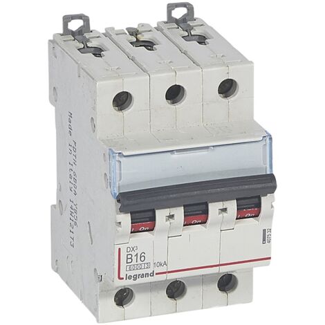 Disjoncteur DX³6000 arrivée haute et départ bas à vis 3 Pôles 400V 16A courbe B 3 modules LEGRAND 407532
