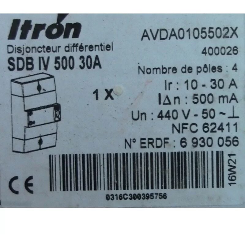 400026 Disjoncteur de Branchement - Diff 500Ma - 4P 10-30A - sdb iv 000 30A - Itron