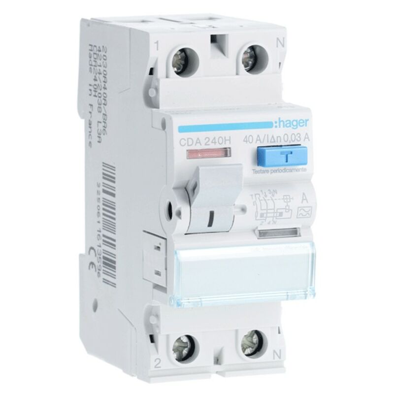 Hager - disjoncteur à courant résiduel pur 2P 40A 30MA a 2 modules CDA240H