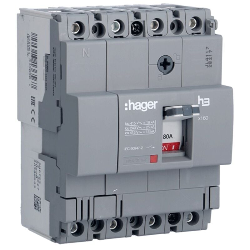 Interrupteur déclencheur thermomagnétique Hager X160 4P 18KA 80A HDA081L