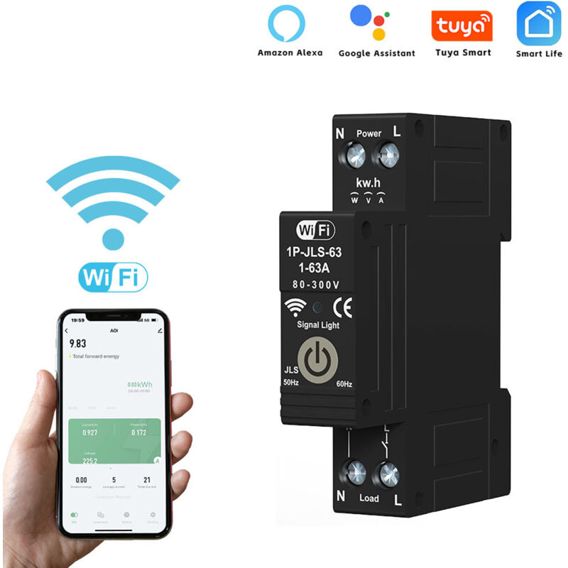 Lifcausal - Disjoncteur intelligent WiFi Tuya 1P 63A Rail din Compteur d'énergie de mesure bidirectionnel Prise en charge de 3 modes de
