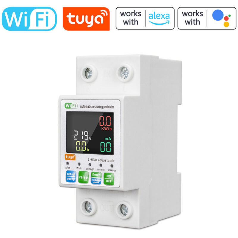 Lifcausal - Disjoncteur intelligent WiFi Tuya Compteur d'énergie monophasé rétroéclairé Protecteur de réenclenchement automatique avec écran lcd