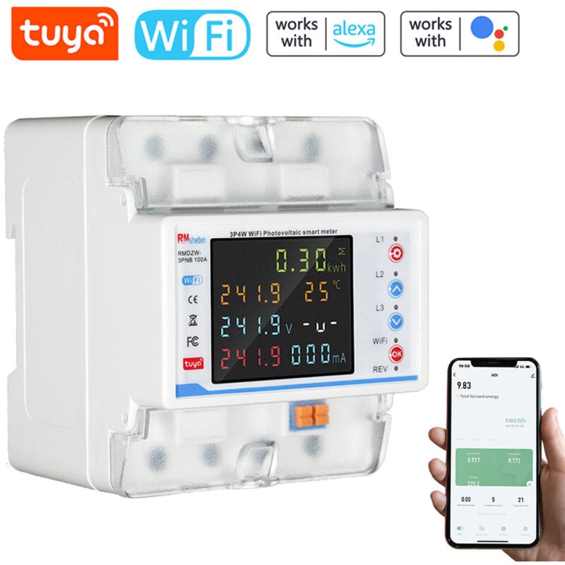 Lifcausal - Disjoncteur intelligent WiFi Tuya, protecteur de réenclenchement automatique, compteur d'énergie 3P4W, interrupteur de réenclenchement