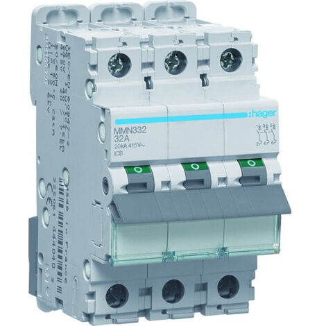 Disjoncteur magnétique 3P 20kA 32A 400V access. indicateur IEC 947-2 - HAGER MMN332