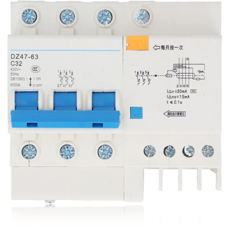 Disjoncteur miniature 32A 3P+N, capacité de rupture 6000A, protection de circuits jusqu'à 400V AC
