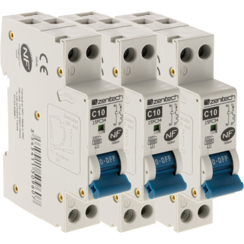 Lot de 3 disjoncteurs 10A ph/n - nf Zenitech