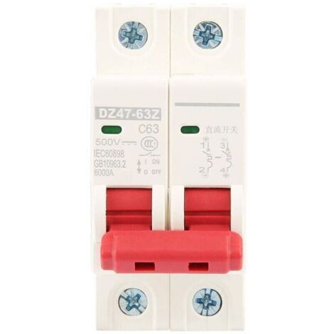 Disjoncteur photovoltaïque 2P DC 500V 63A Disjoncteur miniature MCB DZ47-63Z-2P Combinaison de disjoncteur pour l'énergie solaire Petit système de production d'énergie (63A)