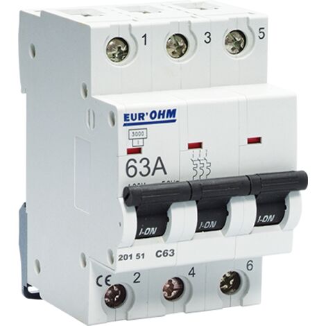 Disjoncteur tripolaire courbe C connexion vis haut/bas - IP20/IK02 63A 4,5kA