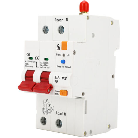 Disjoncteur WiFi 63A 2P, protection fuites de courant, commande à distance via application, montage rail DIN, 230V AC, intelligent.