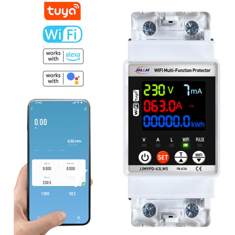 Disjoncteur WiFi Rail Smart Energy Monitor Meter 63A Disjoncteur Connecté WiFi Commutateur WiFi Intelligent Disjoncteur Domestique, Interrupteur