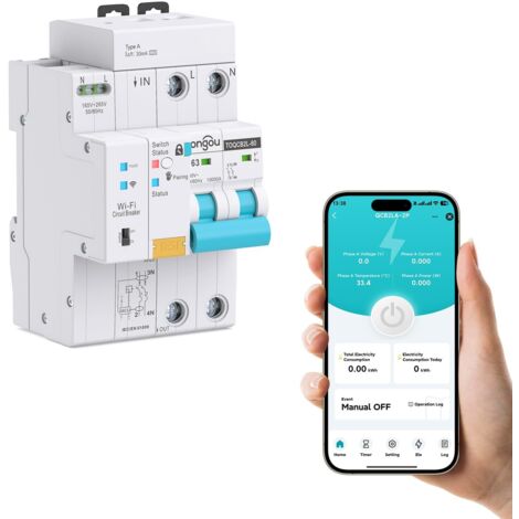 Disjoncteur WiFi RCBO 2P 63 A 30 mA - Disjoncteur FI type A pour maison et prises - Icu10ka - Montage DIN - Télécommande intelligente