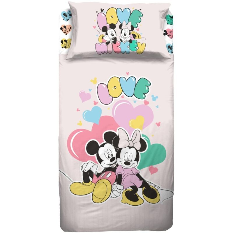 Image of Disney, Mickey e Minnie, Topolino, Set Lenzuolo Letto Singolo, Completo Letto Singolo Disney, Lenzuolo Sopra, Lenzuolo Con Angoli, Federa, Rosa, 100%