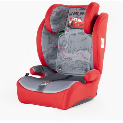 Disney Seggiolino auto Cars per la sicurezza dei bambini con altezza da 100 a 150 cm con grafiche di Saetta McQueen su fondo rosso e grigio