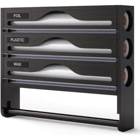 Dispensador 3 en 1 de papel film y papel aluminio: soporte de cocina de bambú con cortador de precisión, soporte para toallas de papel de pared o cajón, almacenamiento organizado para rollos de 30 cm 