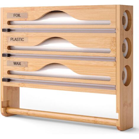 Dispensador 3 en 1 de papel film y papel aluminio: soporte de cocina de bambú con cortador de precisión, soporte para toallas de papel de pared o cajón, almacenamiento organizado para rollos de 30 cm 