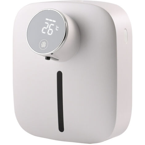 Dispensador automático de jabón en espuma de pared con depósito integrado, recargable, muestra la temperatura ambiente y el nivel de batería, resistente al agua IPX4, sin contacto, blanco