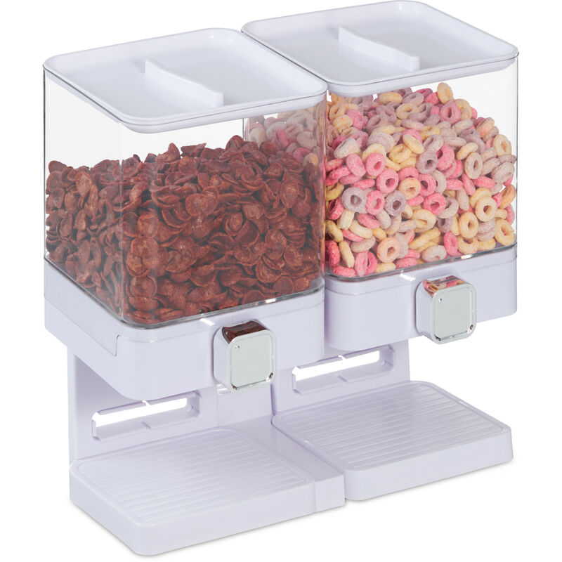 

Relaxdays - Dispensador Cereales Doble, Dosificador Frutos Secos, Recipiente Granola, Chuches, Botes Plásticos, Blanco