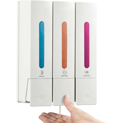 Dispensador de champú y acondicionador - Dispensador de jabón de ducha de pared de 3 compartimentos, sin taladros, capacidad de 1200 ml, para baños y hoteles, blanco