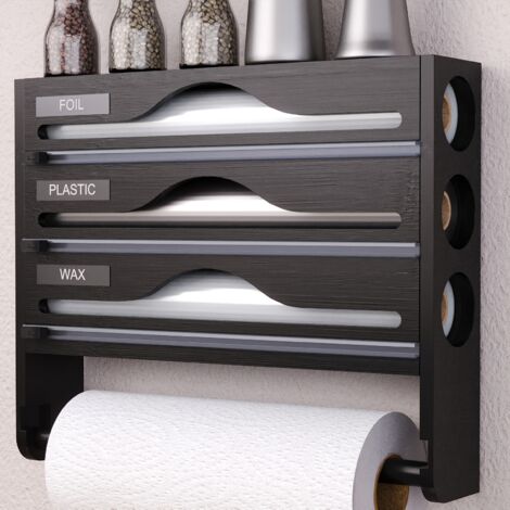 Dispensador de film plástico con soporte para toallas de papel, dispensador de plástico y papel de aluminio, con cortador de film plástico