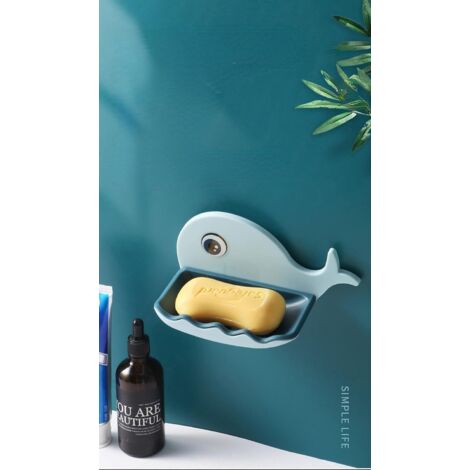 Dispensador de jabón con forma de ballena y ventosa para baño, montaje en pared, sin necesidad de taladrar, color azul