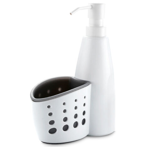 [Dispensador de jabón de cocina con soporte para esponja] Dispensador de jabón líquido para baño con práctico accesorio y soporte para esponja – 400 ml, PE/ABS, Blanco/Gris