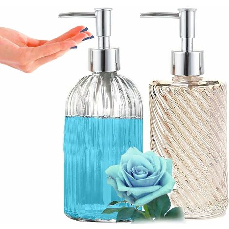 Dispensador de jabón de vidrio, juego de 2 dispensadores de jabón recargables con bomba, líquido para manos, detergente para lavavajillas, botella de loción de champú