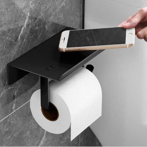 Dispensador de papel higiénico de acero inoxidable negro, soporte sin taladro de 18x10x7 cm con soporte para teléfono de baño.