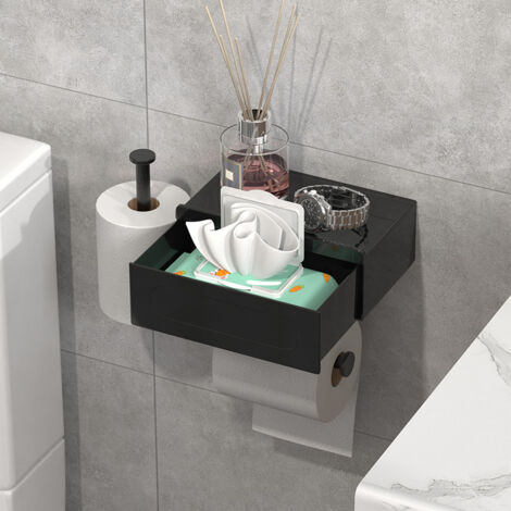 Dispensador de papel higiénico de pared, con estante, sin necesidad de taladrar, incluye toallitas húmedas, cajón adhesivo, dispensador de papel higiénico (negro)