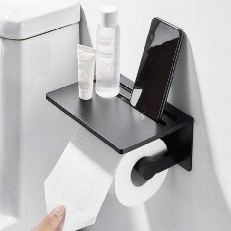 Dispensador de papel higiénico de pared, no requiere perforación, aleación de aluminio inoxidable, con soporte para teléfono y bandeja grande, color negro.