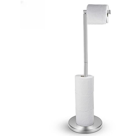 Dispensador de papel higiénico de pie, de acero inoxidable, con base resistente a la corrosión, color plata.