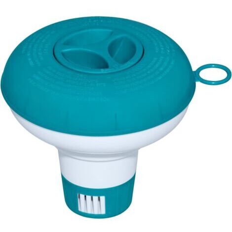 Dispensador de productos químicos de plástico resistente para piscinas, con tapa azul turquesa y anilla para colgar, diseñado para la dosificación regular de desinfectantes en piscinas interiores y ex