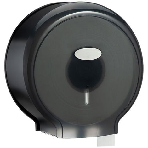 Dispensador gigante de papel higiénico transparente de color negro para montaje en pared, ideal para baños. No requiere perforaciones y su diseño impermeable lo hace apto para zonas húmedas.