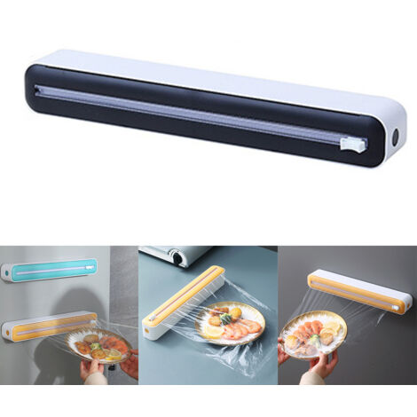Dispensador magnético de film transparente 2 en 1 para alimentos, caja de almacenamiento con cortador de film transparente, accesorios de cocina, color negro