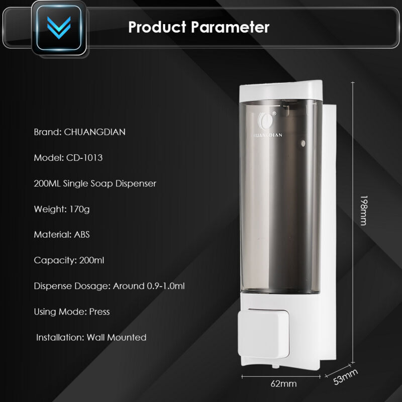 Xisrens Schwarz Dispensador Manual De Jabón De Manos Eosnow Con Tira De Espuma De Doble Cara, Para Baño, Inodoro Y Hotel, 200 Ml