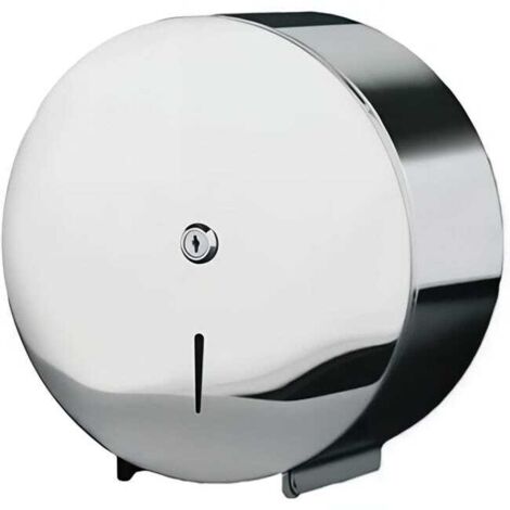 Dispensador redondo de papel higiénico para rollos grandes, cromado, con cerradura para baños públicos.