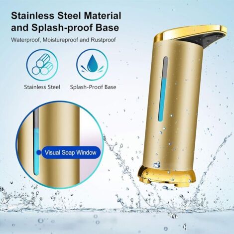 Dispenser automatico di sapone in acciaio inox, dispenser di disinfettante senza contatto con sensore a infrarossi, interruttore regolabile e base impermeabile (oro opaco)