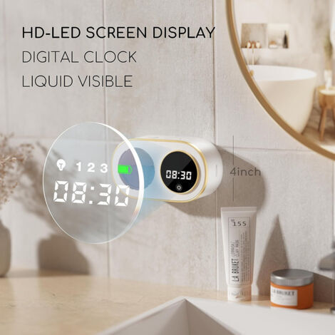 Dispenser automatico di sapone schiumogeno con orologio digitale a LED HD, dispenser di sapone schiumogeno a parete